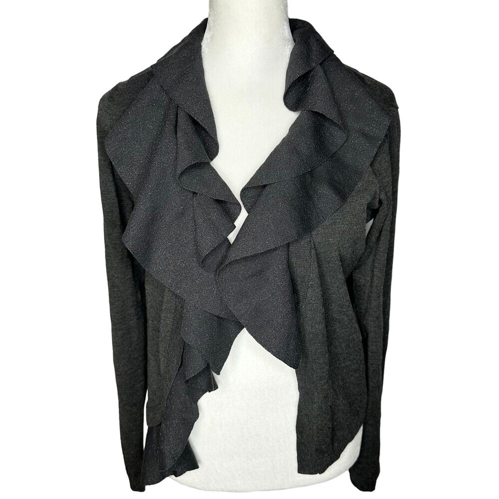 LIU JO Gray Shimmer Glitter Ruffle Open‎ Cardigan Sweater Women's XS
